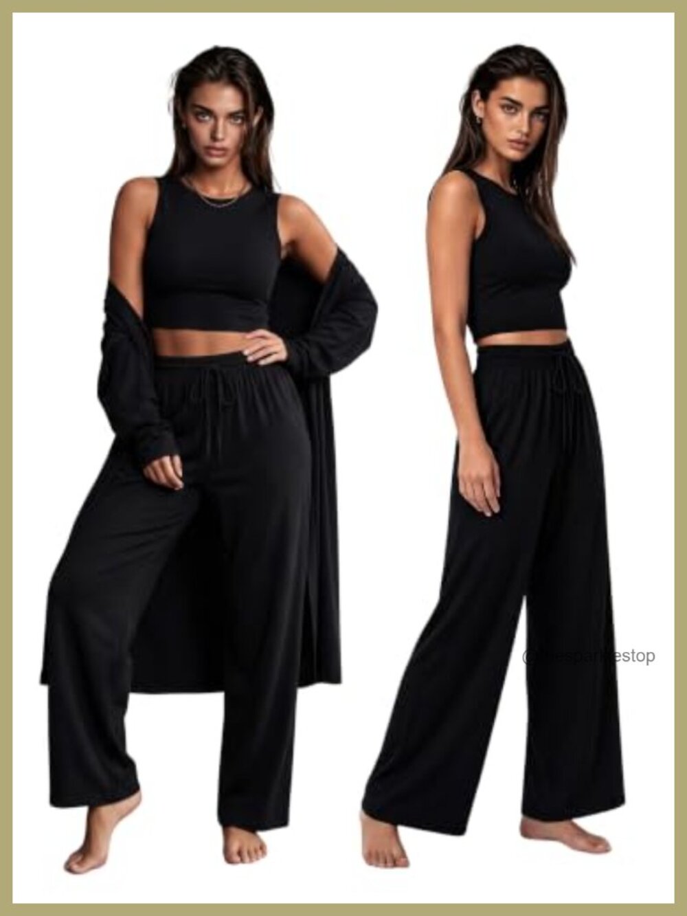 3 Piece Cotton Spandex Lounge Set Crop Tank Jogger Pants Cardigan Travel Outfit